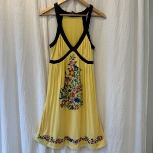 INC Yellow Navy Size Medium Midi Sun Dress Embroidered Floral Babydoll Vacation